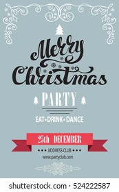 Christmas party invitation,design template.Vector. Merry Christmas handwriting lettering. Vintage red background, bokhe lighting. Calligraphy design.