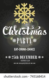 Christmas party invitation,design template.Vector. Merry Christmas handwriting lettering. Vintage Grey background,bokhe lightin.Glitter,foil snowflakes. Calligraphy design.Illustration