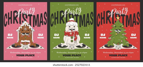 Convites de festas de Natal com personagens groovy. Layouts de design para Feliz Natal. Cartazes estilo cartoon retrô. 