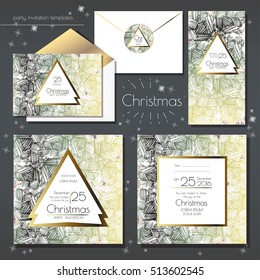 Christmas party invitations set with envelope template. Cards have enough copy spa?e. Vector format.