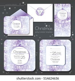Christmas party invitations set with envelope template. Cards have enough copy space. Vector format.