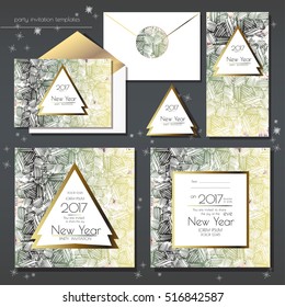 Christmas party invitations set with envelope template. Cards have enough copy space. Vector format.