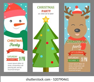 Christmas party invitations vertical banners set with snowman, Christmas tree, reindeer. Background template. Can be use for business shopping card, customer sale and promotion, layout, web design. 