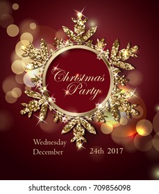 Christmas party invitationwith Shining Gold Snowflake. Christmas holidays flyer or poster design. Template Vector.