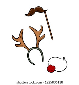 Christmas party items moustache reindeer horns and rudolph nose doodle elements