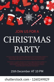 Christmas party join us poster with text sample vector. Symbols of winter holiday, bauble with snowflake ornament, candy lollipop stick socks with reindeer