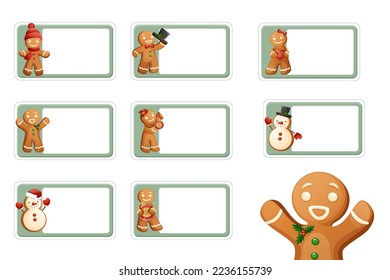 Christmas Party Labels Set With Festive Gingerbread Ctaracters And Name Tag