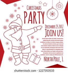 Christmas party line art card with typography, Funny Santa dabbing, quirky cartoon comic character surrounded with snowflakes, red and white color, place for text with example,  modern minimal style.