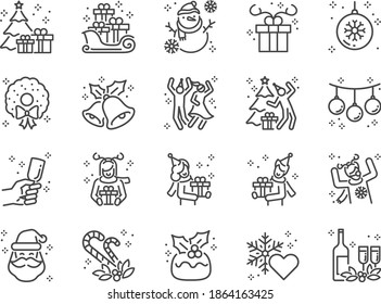 Christmas party line icon set. Included the icons as fun, enjoy, party, good mood, celebrate, and more.