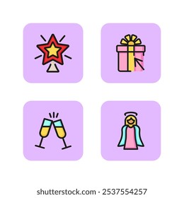 Christmas party line icon set. Christmas star, gift box, champagne flutes toasting, Christmas angel. Celebration concept. Vector illustration can be used for party, holiday, winter
