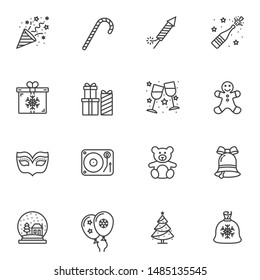 Christmas Party Line Icons Set. Linear Style Symbols Collection, Outline Signs Pack. Vector Graphics. Set Includes Icons As Stick, Fireworks Cracker, Gift Box, Toy, Tree, Snowball, Snowflake Bubbles