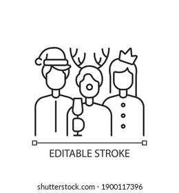 Christmas party linear icon. New year greetings. Friends gathering on social event. Thin line customizable illustration. Contour symbol. Vector isolated outline drawing. Editable stroke