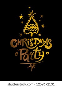 Christmas Party Logo. Golden inscription on a black background. Template for the holiday party. Handwritten font and Christmas tree and stars vector pattern.
