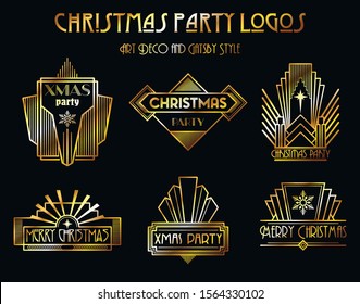 Christmas Party Logoe, Emblems 1920s Style, Golden Gradient Texture
