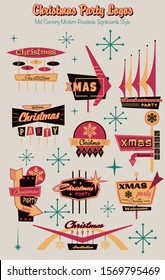 Christmas Party Logos, Mid Century Modern Roadside Signboards Style, Googie Design< Vintage Colors and Shapes from the 1950s 