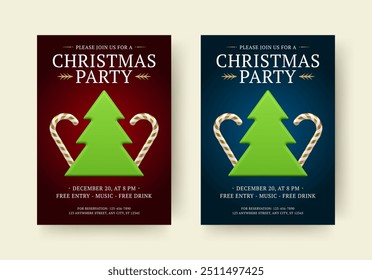 Christmas party modern flyer announce invitation design template set realistic vector illustration. Xmas New Year festival event advertising poster with green spruce toy and sweet cane bauble