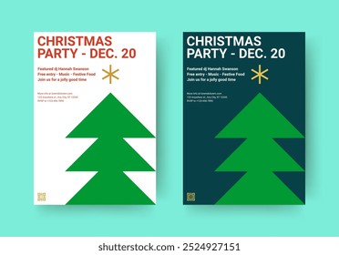 Christmas party modern minimal flyer design template set vector flat illustration. Xmas New Year winter holiday celebrate musical disco event announcement invitation poster with triangle spruce