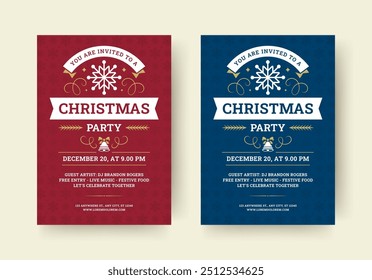 Christmas party music disco event retro flyer design template set vector flat illustration. Xmas New Year celebration musical festival discotheque announcement invitation vintage red blue promo poster