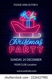 Christmas party neon banner. Vertical poster template. Santa Claus sleigh with present icon. Colorful lettering advertising. Shiny Greeting card. December holiday. Glowing sign. Vector illustration