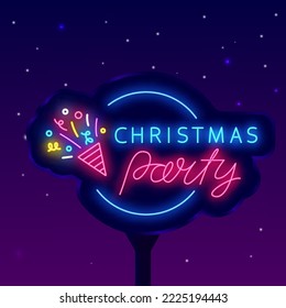 Christmas party neon billboard. Light lettering. Confetti petard in circle frame. Event night club announcement. Greeting card emblem. Winter holiday evening. Vector stock illustration