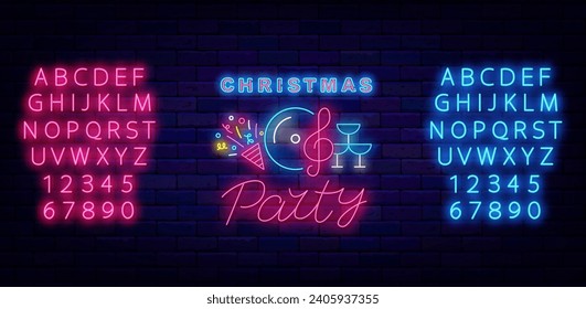 emblema de neón de la fiesta de Navidad. Publicidad brillante. Disco de música, fuegos artificiales y símbolo de gafas de bebida. Alfabeto rosa brillante y azul. Evento de la temporada de diciembre. Banner ligero. Ilustración de material vectorial