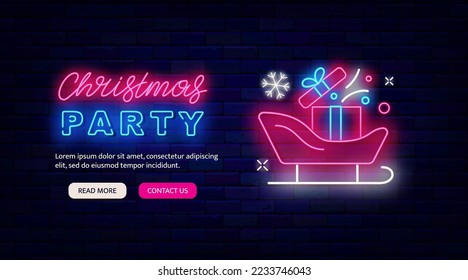 Christmas party neon flyer. Website landing page template. Santa Claus sleigh with present icon. Colorful lettering advertising. Shiny Greeting card. December holiday. Vector stock illustration