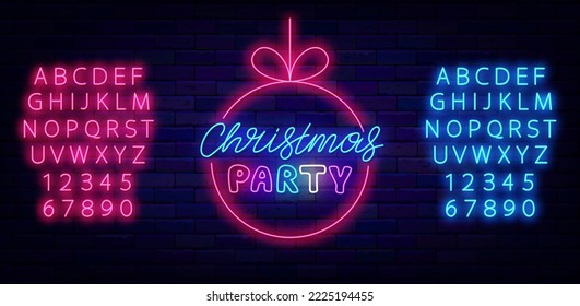 Christmas party neon label. Luminous pink and blue alphabet. Christmas tree ball frame. Shiny advertising. Laser greeting card. December holiday celebration. Glowing banner. Vector stock illustration