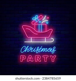 Christmas party neon label. Santa Claus sleigh with present icon. Colorful lettering advertising. Shiny greeting card. Editing text. December holiday. Vector stock illustration