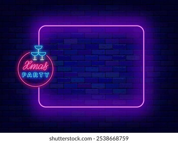 Christmas party neon purple flyer. Winter event greeting card. Empty frame and label with drink glass pyramid. Holiday celebration. Copy space. Editing text. Vector stock illustration