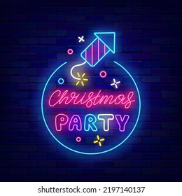 Christmas party neon signboard. Greeting card invitation. Winter holiday event. Happy New Year. Outer glowing effect poster on brick wall. Editable stroke. Vector stock illustration