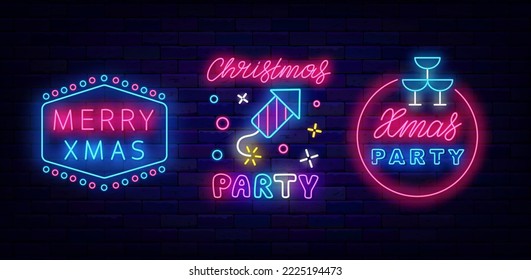 Christmas party neon signboards set. Circle frame with drink glasses. Retro frame, firework icon. Night club evening, Shiny lettering banner. New Year invitation. Vector stock illustration