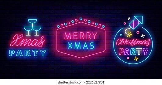 Christmas party neon signboards set. Merry xmas design.. Circle frame with petard. Retro border. Night club evening, Shiny lettering banner. New Year invitation. Vector stock illustration