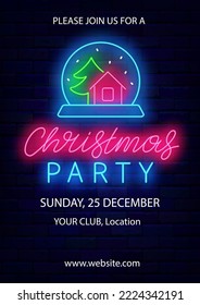 Christmas party neon vertical poster. Snow globe symbol on brick wall. Luminous advertising. Winter holiday celebration. December invitation. Vector stock illustration