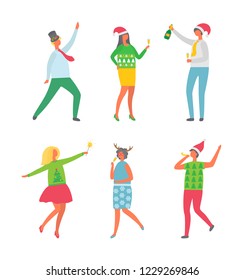 Christmas party, New Year celebration meeting vector. Man holding champagne bottle, dancing guy, lady with bengal lights and horns head decoration