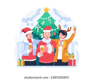 Christmas Party and New Year Celebration. People in Winter Holiday Outfits Standing Together by the Christmas Tree With Each Holding Champagne Glasses