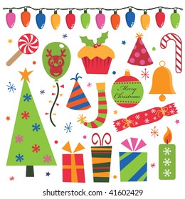 christmas party objects with lights, decorations and gifts