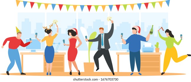 Christmas party in office vector illustration. Team of cartoon happy corporate people celebrate, group of flat man woman friends character dance, have fun on New Year holiday, Christmas celebration.