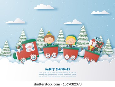 Christmas party on the train with elf and cute polar bear,Merry christmas and happy new year,Paper art and digital craft style
