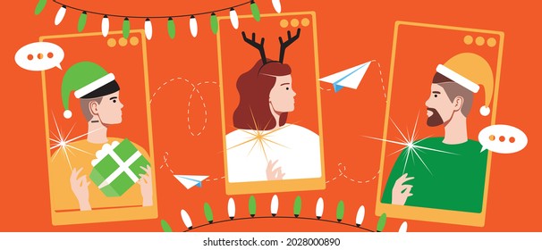 Christmas party online. Flat vector stock illustration. Christmas video call. Fun friends. Online chat and gifts. Phone screen with video. People at the party. Internet holiday. Christmas illustration