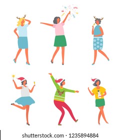 Christmas party, people celebrating New Years eve, reindeer and snowman prints vector. Woman company disco entertainment. Female with bengal light