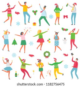 Christmas party people celebration set vector. Man and woman wearing sweaters with reindeer, holding champagne in hands. Dancing with snowman toy