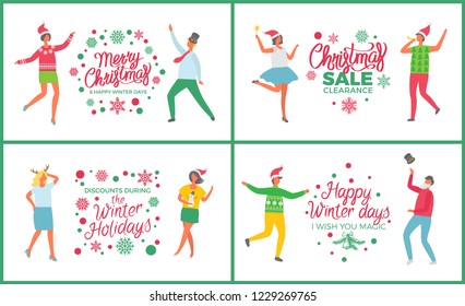 Christmas party people dancing and celebrating set vector. Happy new year winter holiday. Sale and discounts of shops, 25 percent off proposition