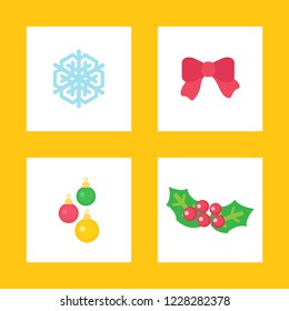 Christmas party people decoration. Three colored balloons and big red bow, blue snowflake and small berries with two green leaves vector illustration