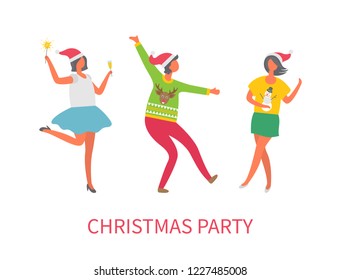 Christmas party people, friends dancing together vector. New year celebration, winter holidays event, xmas man and woman wearing sweaters and hats