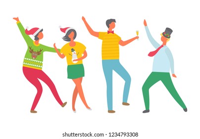 Christmas party people, New Years Eve celebration vector. Man and woman dancing and drinking alcohol, champagne poured in glass. Tipsy happy crowd