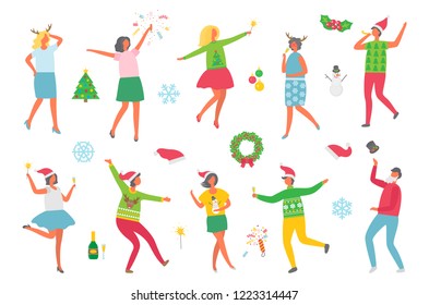 Christmas party people and symbolic winter images isolated icons set on white background. Wreaths with mistletoe and spruce evergreen tree. Man and woman dancing together