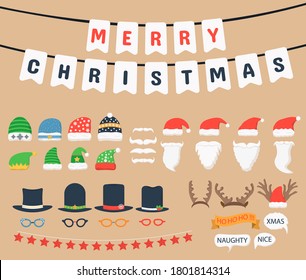 Christmas party photo props (Santa hats and beards, naughty and nice signs, decoration). Christmas and New Year photo booth props and design elements. Party decoration. Vector illustration, eps 10. 