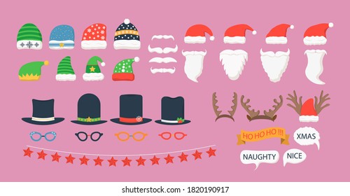 Christmas party photo props (Santa hats and beards, naughty and nice signs, decoration). Christmas and New Year photo booth props and design elements. Party decoration. Vector illustration, eps 10. 