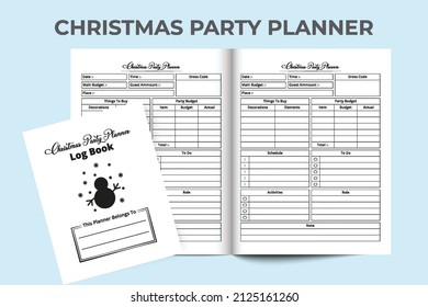 Christmas party planner logbook. Xmas celebration party planner notebook interior. Journal interior template. Christmas party planner and budget tracker template. Party budgeting log book.