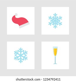 Christmas party postcard decoration. Santa Claus red hat and glass of champagne, two different blue snowflakes for winter holiday vector illustration